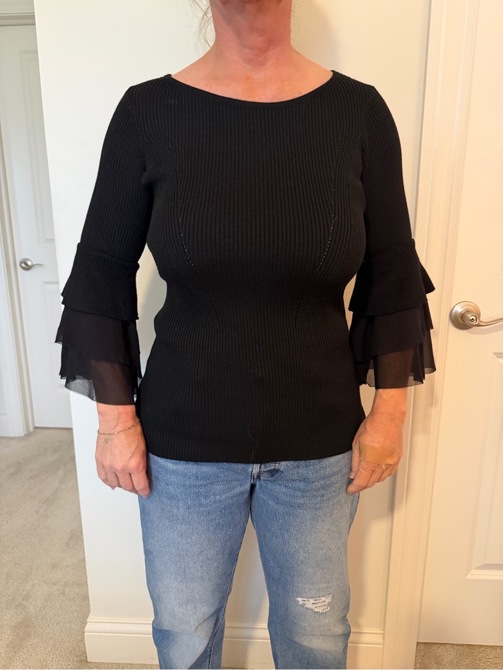 Design History Black Ribbed Top with Chiffon Tiered Bell Sleeves